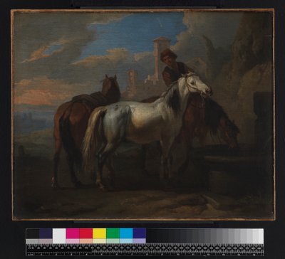 Paarden drinken bij een fontein, voor 1720 door Pieter van Bloemen