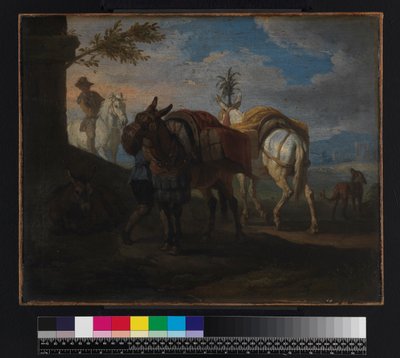 Muilezels rusten langs de weg, voor 1720 door Pieter van Bloemen