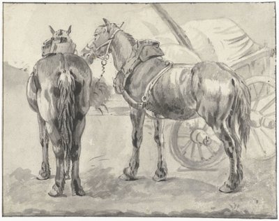 Twee tuigpaarden bij een kar door Pieter van Bloemen