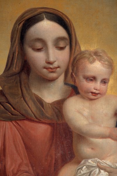 Binnenaanzicht, schilderij "Onze-Lieve-Vrouw met Kind met Rozenkrans", altaarstuk op het hoofdaltaar door P. Van Hanselaere door Pieter van Hanselaere