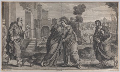 Bezoek, Sint-Elizabeth omhelst de Maagd in het midden terwijl Sint-Jozef naar... loopt, ca. 1656-60 door Pieter van Lisebetten