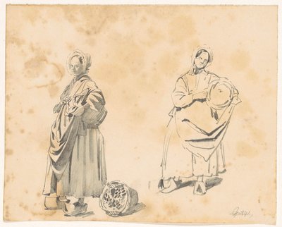 Twee studies van een staande vrouw met mand door Pieter van Loon