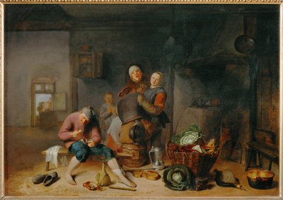 Interieur van een boerderij, een gevecht (schilderij op eikenhout) door Pieter van Slingelandt