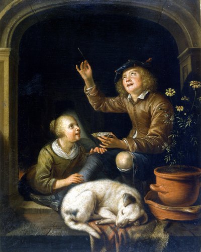 De zeepbel. Schilderij door Pieter Corneliszoon van Slingelandt (1625 - 1691). Milaan Museo del Castello. door Pieter van Slingelandt