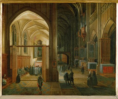 Avondmis in een gotische kerk (schilderij op koper) door Pieter van Steenwyck