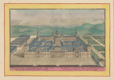 Gezicht op het Escorial in vogelvluchtperspectief door Pieter van den Berge