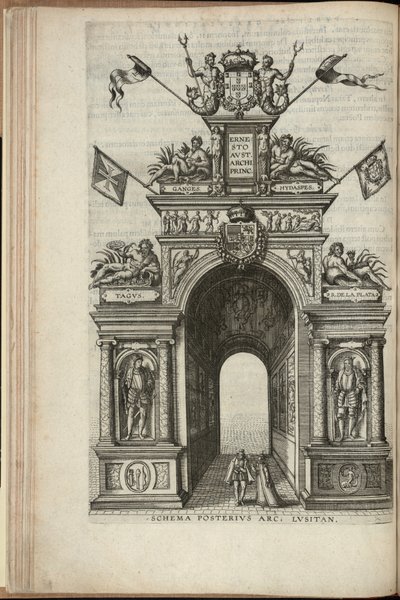 Rivieren Tagus, Plata, Ganges en Hydaspes. De achterkant van de Portugese triomfboog, Intocht van Ernst, Aartshertog van Oostenrijk, in Antwerpen, gepubliceerd 1595 (gravure) door Pieter van der Borcht