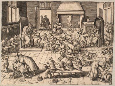 De klas. Apen die les krijgen en gestraft worden in een klaslokaal door Pieter van der Borcht