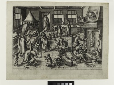 De Kinderkamer, ca. 1585 (ets) door Pieter van der Borcht