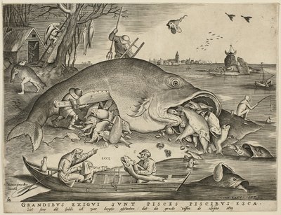 Grote vissen eten kleine vissen door Pieter van der Heyden