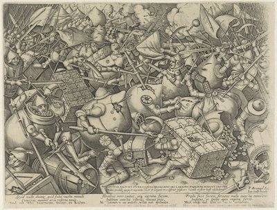 Strijd tussen de geldzakken en de geldkisten door Pieter van der Heyden