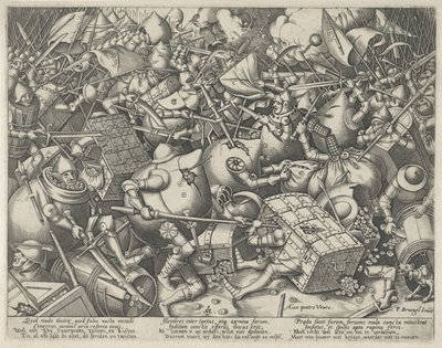 Strijd tussen de geldzakken en de geldkisten door Pieter van der Heyden