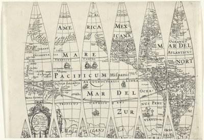Globesegmenten van een stuk van het noordelijk halfrond door Pieter van der Keere