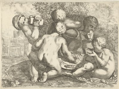 Bacchanaal met vijf putti door Pieter van der Plas (II)