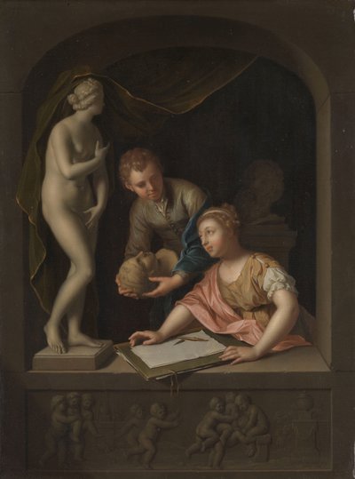 Een Meisje Tekent en een Jongen bij een Standbeeld van Venus door Pieter van der Werff