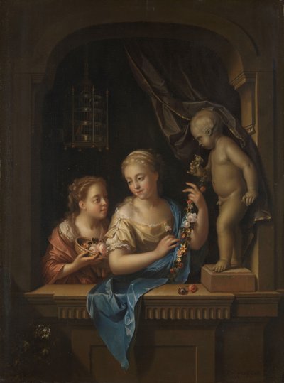 Twee meisjes met bloemen bij een beeld van Cupido door Pieter van der Werff
