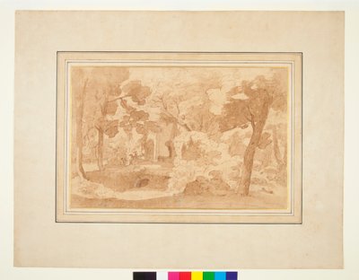 Landschap met een verwoest gebouw tussen bomen door Pietro Testa