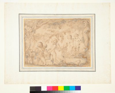 Putti en jonge saters persen druiven door Pietro Testa