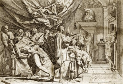 De dood van Caton de Oudere (Marcus Porcius Cato) of Caton de Censor (234-149 v.Chr.) door Pietro Testa 1648 - De dood van Cato - 1648, door Pietro Testa (1612-1650 v.Chr.), ets door Pietro Testa