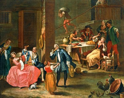 De picknick op het platteland ... (schilderij op doek) door Pietro (circle of) Longhi