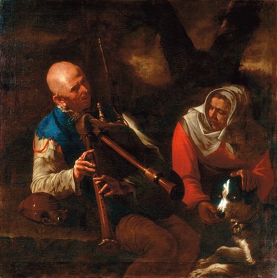 Een Boer die een Doedelzak Speelt en een Oude Vrouw die Luistert met een Hond door Pietro (circle of) Paolini