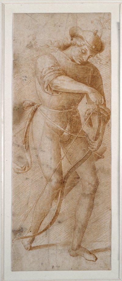 Een jonge man die zijn boog spant door Pietro (follower of) Perugino