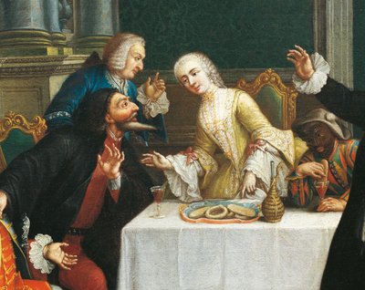 Het tussendoortje met de maskers (detail) door Pietro (school of) Longhi