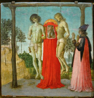Hiëronymus ondersteunt twee gehangen jonge mannen ... door Pietro (studio of) Perugino