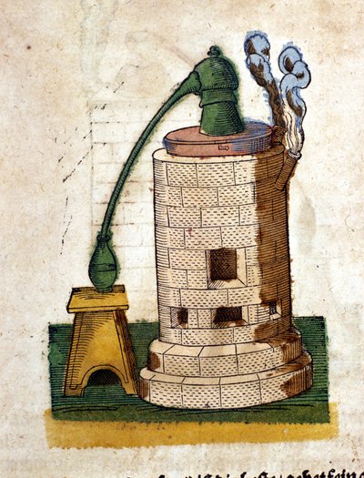 Alchemie: Apparatuur voor distillatie. Gravure uit een boek van Pietro Andrea Mattioli (Matthiole) (1500-1577). Frankfurt door Pietro Andrea Mattioli
