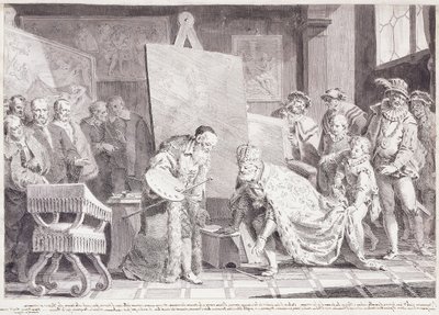 Keizer Karel V die het penseel van Titiaan oppakt door Pietro Antonio Novelli