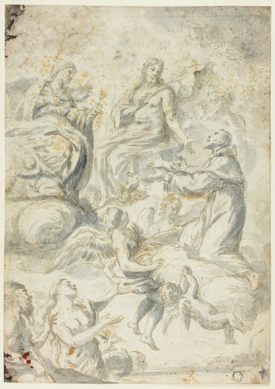 Sint Nicolaas van Tolentino doet voorbede bij Christus en Madonna voor zielen in het voorgeborchte door Pietro Antonio Novelli