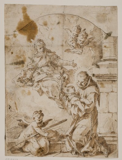 Sint Antonius van Padua knielt met het Christuskind in zijn armen terwijl de Maagd en engelen in de lucht verschijnen door Pietro Antonio Novelli