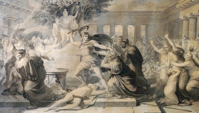 Dood van Priamus, door Pietro Benvenuti, prent van schilderij uit 1811 door Pietro Benvenuti