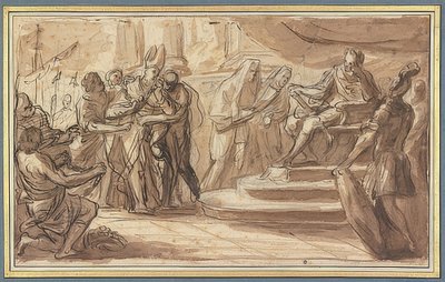 Een bisschop wordt geboeid voor een Romeinse keizer gebracht door Pietro Bianchi