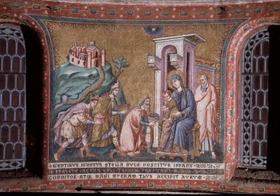Aanbidding van de Mozaïek Wijzen van de apsis van Pietro Cavallini (actief rond 1273-1330) eind 13e eeuw (Aanbidding van de wijzen, mozaïek van de apsis door Pietro Cavallini, eind 13e eeuw) Rome, Kerk Santa Maria in Trastevere Italië door Pietro Cavallini
