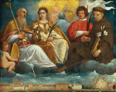 Sint Prosdocimus, Justina, Daniel en Antonius van Padua in glorie met een uitzicht op de Prato Della Valle, Padua door Pietro Damini