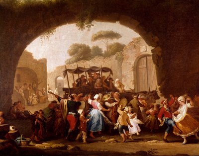 Dansscène en volksfeest in Napels (detail). Tarantella dansers. Schilderij door Pietro Fabris (actief tussen 1763 en 1776) 18e eeuw Napels, Museo Nazionale di San Martino door Pietro Fabris