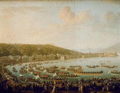 Het vertrek van Karel III van Spanje uit de baai van Napels (Italië) door Pietro Fabris