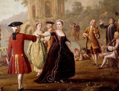 Adellijke dans- en feestscène in Napels. Dansers in een park door Pietro Fabris
