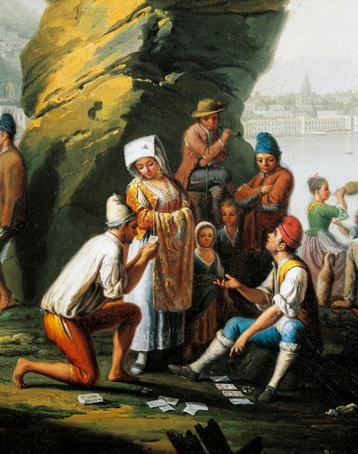 Scène uit het dagelijks leven in Posillipo-grot, mannen die kaarten, door Pietro Fabris, olieverf op doek, detail door Pietro Fabris
