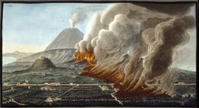 De uitbarstende Vesuvius. Deze gouache werd uitgevoerd door Pierre Fabris, op verzoek van Sir William Hamilton, Engels ambassadeur in Napels. Bibl. Braidense, Milaan door Pietro Fabris