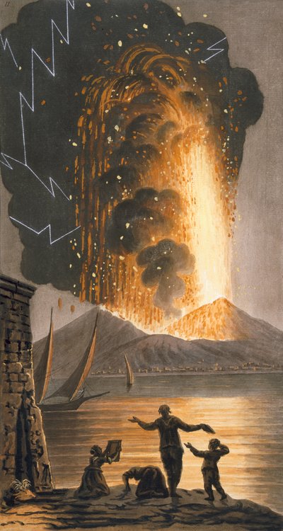 Uitzicht op de grote uitbarsting van de Vesuvius op zondagavond 8 augustus 1779 vanaf het paleis van Zijne Siciliaanse Majesteit in Pausilipo, Plaat II door Pietro Fabris