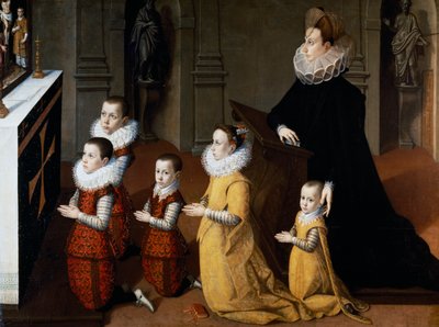 Portret van Chiara Albini Petrozzani met hun kinderen in gebed door Pietro Facchetti
