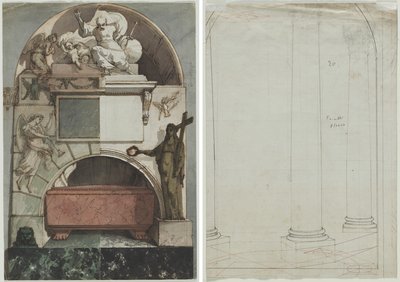 Ontwerp voor een Fresco van een Graf van een Kunstenaar in de Certosa van Bologna (recto); Architecturale Tekening van Kolommen (verso) door Pietro Fancelli