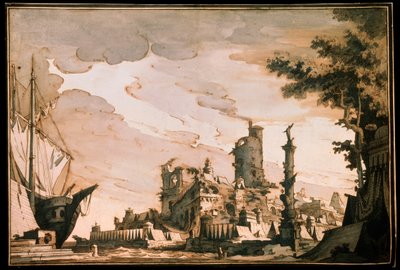 Zeehaven, decorontwerp voor een toneelstuk door Pietro Gonzaga