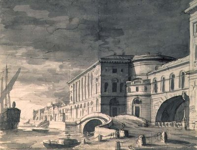 Uitzicht op de Neva Kade met het Hermitage Theater in het midden, na 1802 door Pietro Gonzaga