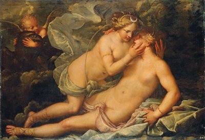 Jupiter in de gedaante van Diana en de nimf Callisto door Pietro Liberi