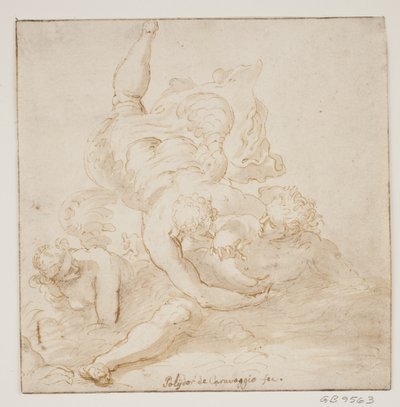 Twee engelen die een man dragen door Pietro Liberi