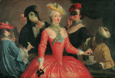 Elegant gezelschap in masker kostuum drinkt koffie en speelt kaarten door Pietro Longhi
