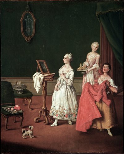 La toilette (De aankleedsessie) Venetiaanse aristocraat voor zijn spiegel geholpen door twee bedienden door Pietro Longhi